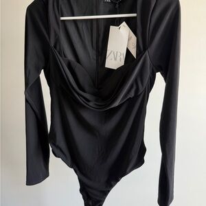 Zara Black Asymmetrical Long Sleeve Bodysuit